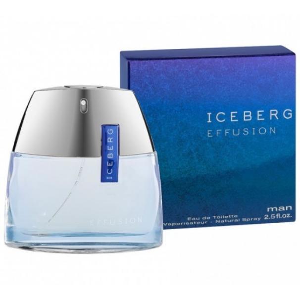 Flacone trasparente di Iceberg Effusion con liquido azzurro e confezione blu