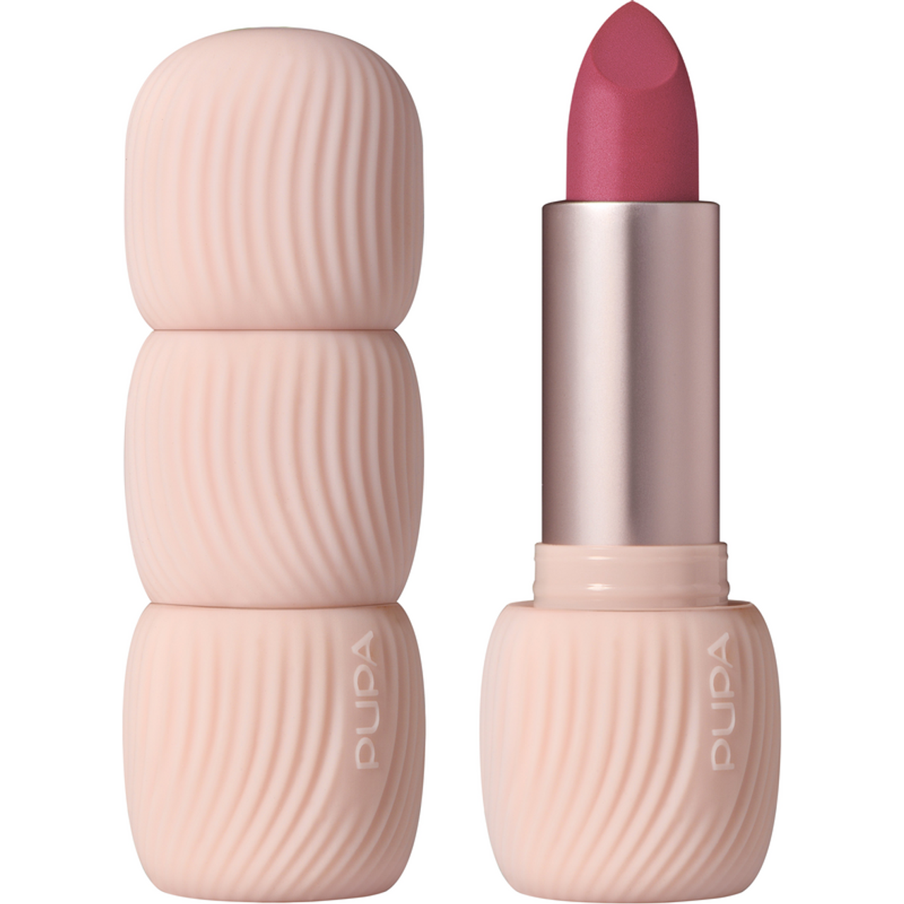 PUPA ROSSETTO MY CRUSH N.014 Rossetto My Crush N.014 magenta con tubetto beige a righe, coperchio aperto
