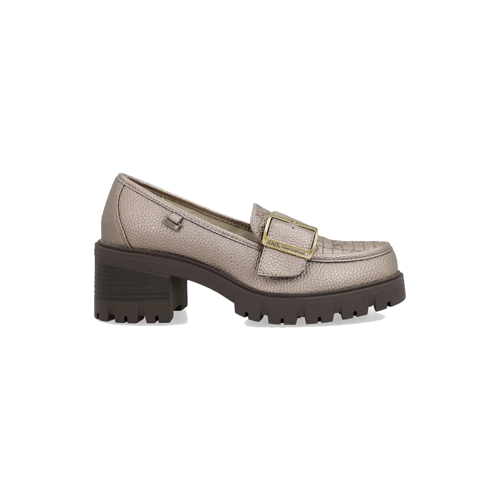 Mocassino donna ANEKKE oro beige, tacco grosso scuro, vista laterale