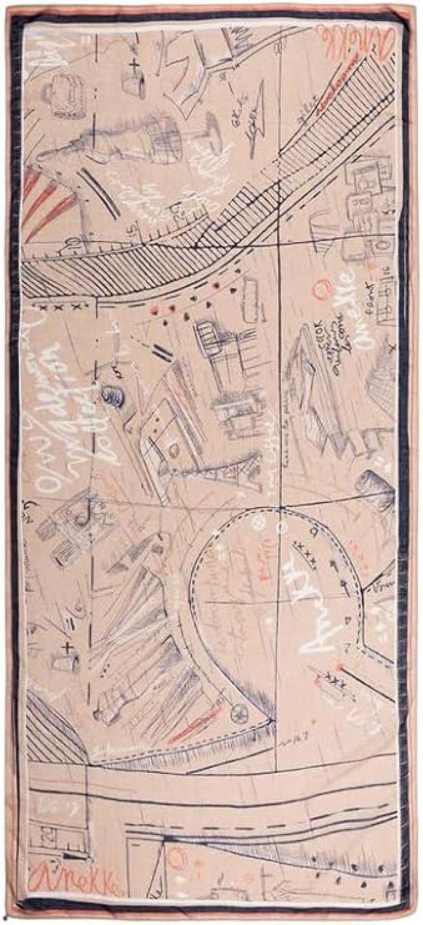 Foulard rettangolare beige con motivi geometrici e mappe, bordo marrone