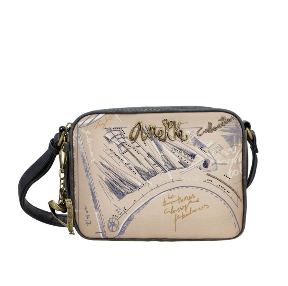 Borsa a tracolla rettangolare marrone con decorazioni grafiche blu, scritta ANEKKE e tracolla nera regolabile