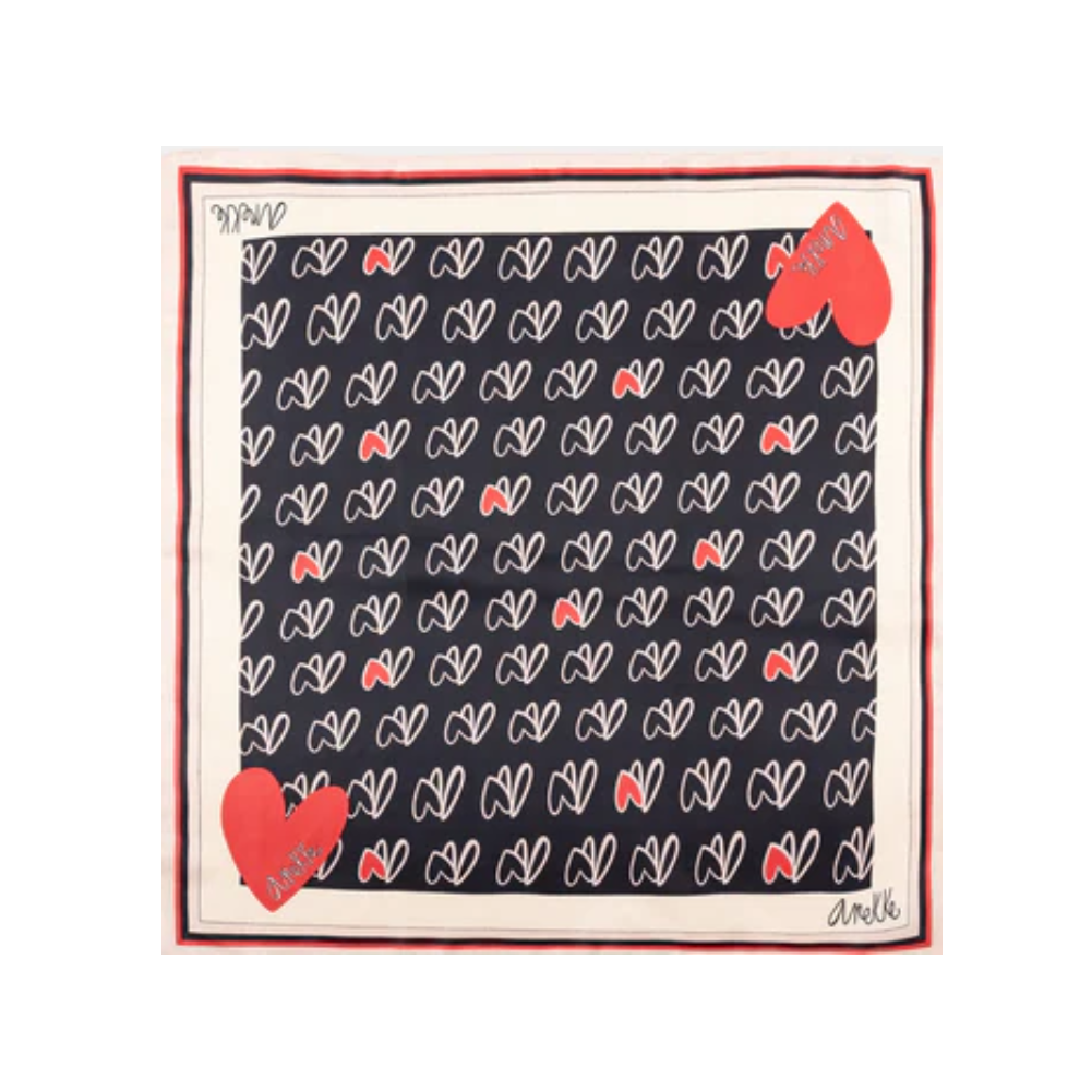 Foulard quadrato cotone, motivo cuori bianchi su nero, dettagli rossi angoli