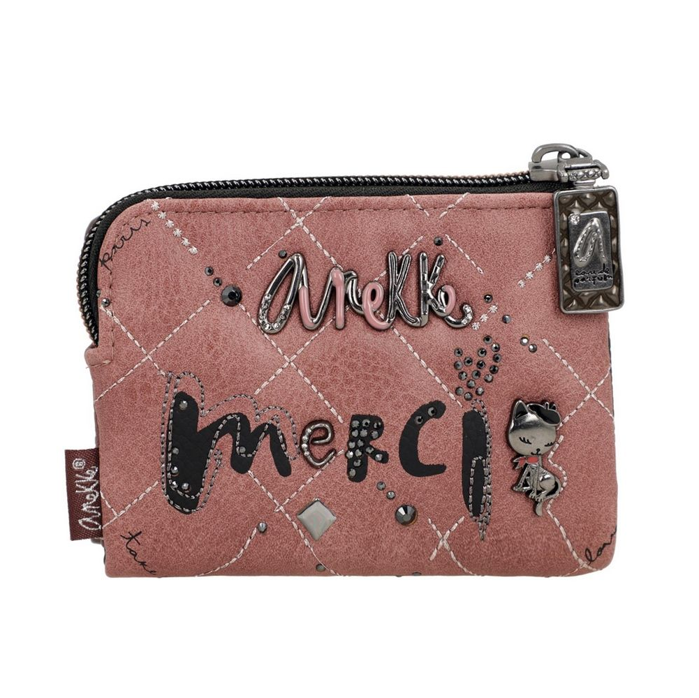 anekke anekke portafoglio donna 41819-910 - foto 1 Portafoglio donna ANEKKE rosa con scritte nere decorate e zip, vista frontale