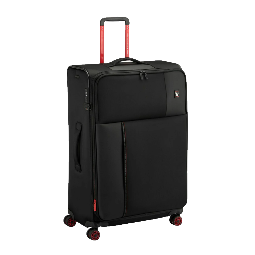 roncato roncato trolley grande exp. move nero fumo - foto 1 Trolley grande Roncato Move nero fumo, vista frontale con manico telescopico rosso