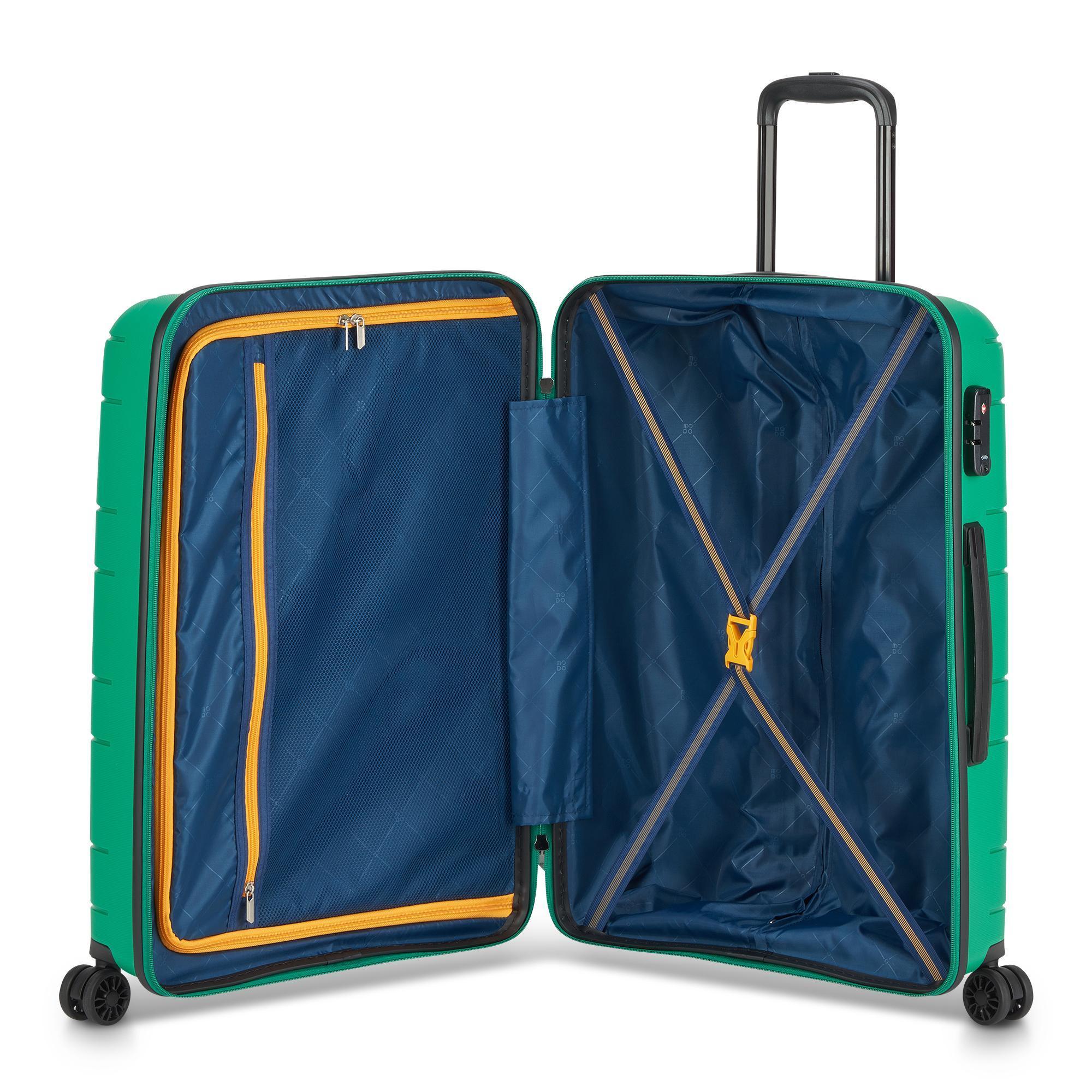 roncato-trolley-4r-supernova-teal-media Trolley aperto con interno blu navy, maniglie arancioni, e trolley chiuso verde a fianco