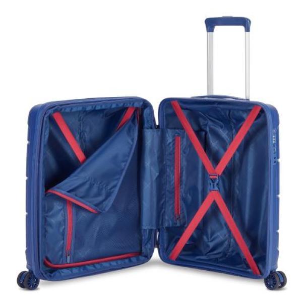 roncato-trolley-piccolo-cabina-starlight-55cm-dark-blue Interno trolley aperto con straps di contenimento rossi in configurazione a X