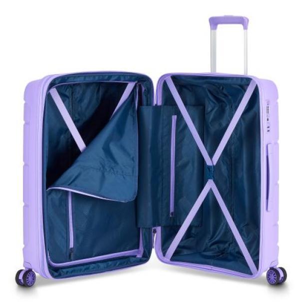 roncato-trolley-medio-starlight-66cm-lavander Interno della valigia con comparti aperti, fodera blu e sistemi di fissaggio a elastici bianchi