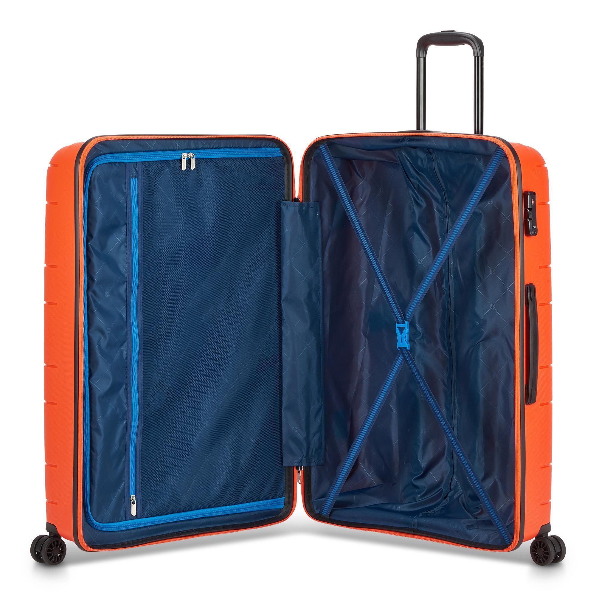 roncato roncato trolley grande 4r 76cm supernova 2.0 orange 42202112 - foto 2 interno trolley aperto con doppio vano, fodera blu scuro, divisori e cinghie di fissaggio