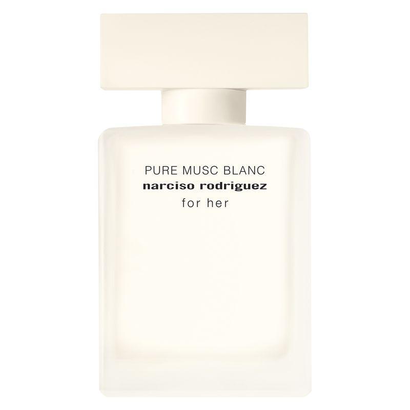Narciso Rodriguez Pure Musc Blanc Eau de Parfum Intense 30ml Bottiglia di profumo bianco con etichetta e tappo quadrato beige, ripiena di liquido trasparente ambrato