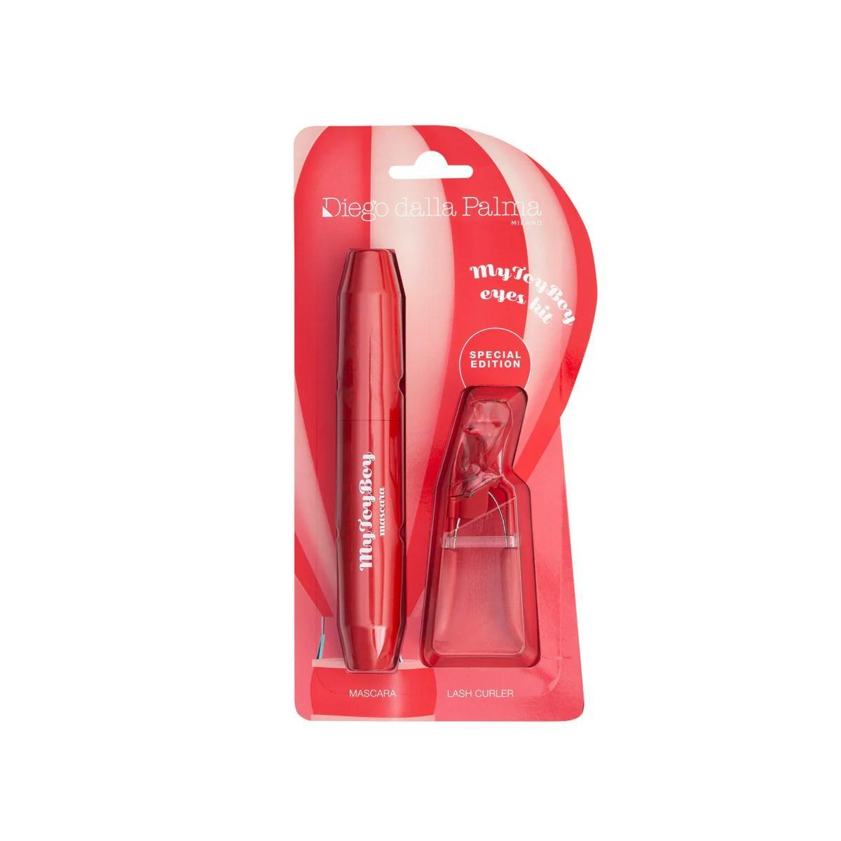 kit mascara mytoyboy e piegaciglia, confezione aperta con prodotti in primo piano