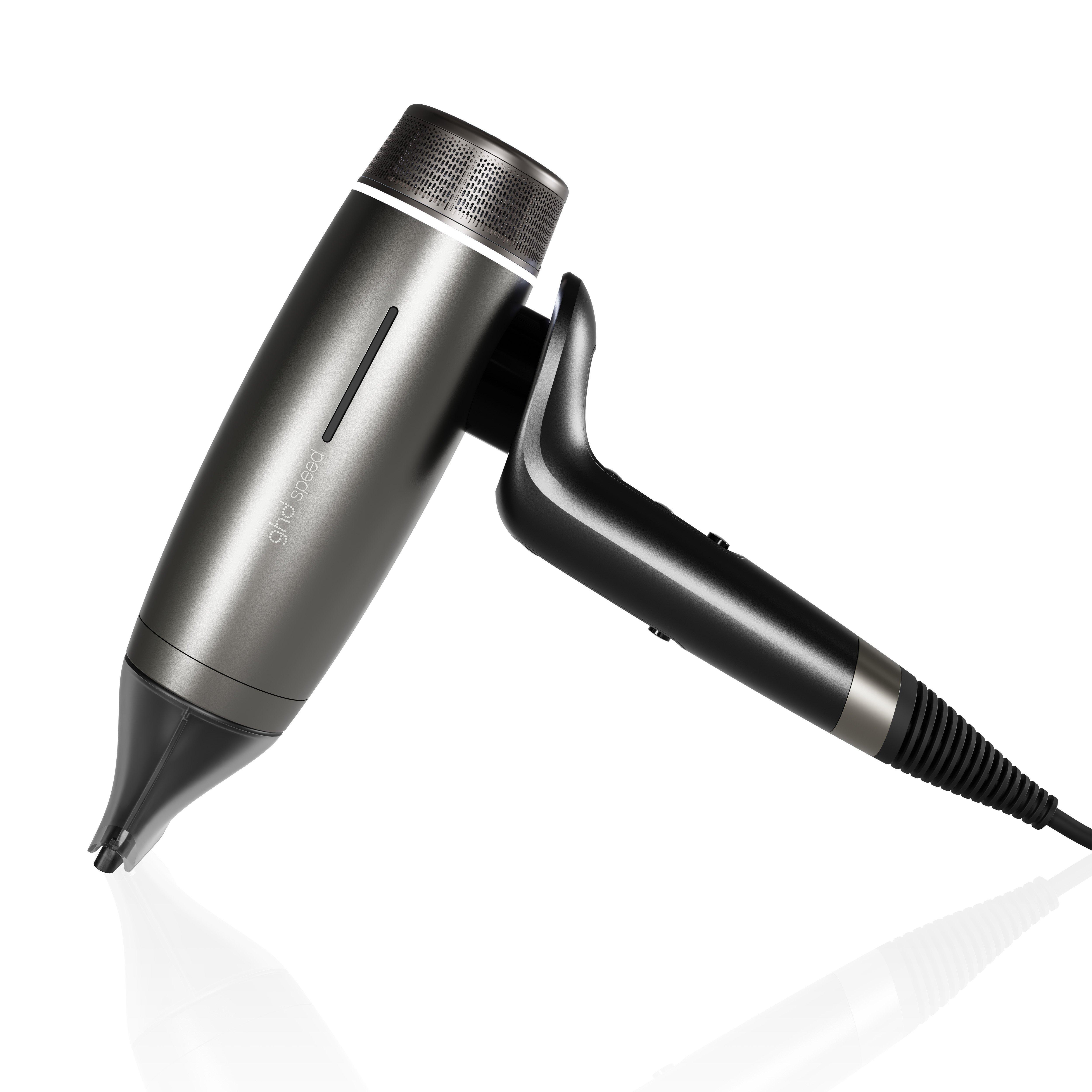 GHD SPEED PHONE A IONI NERO METALLIZZATO Phon GHD Speed nero metallizzato, angolazione 3/4, corpo tubolare con manico nero