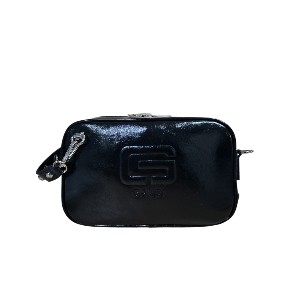 borsa-gaudi-greta-nera Borsa donna Gaudi Greta nera con tracolla e dettagli hardware, vista frontale