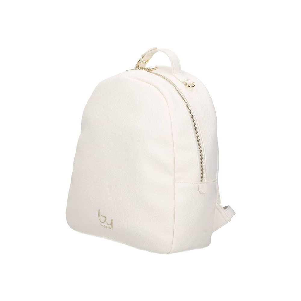Zaino Byblos sintetico bianco, prospettiva 3/4 con maniglie e logo, tasche e silhouette