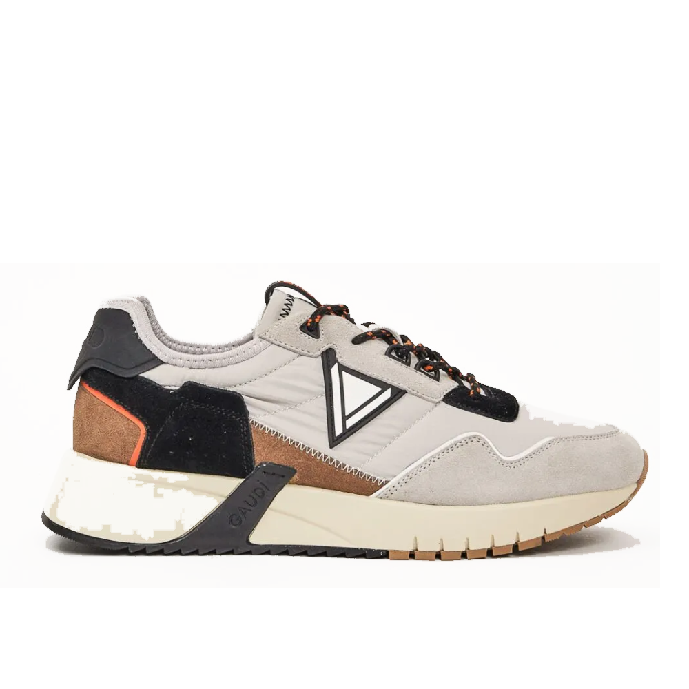 Sneaker uomo vista laterale, suede e nylon, beige nero marrone