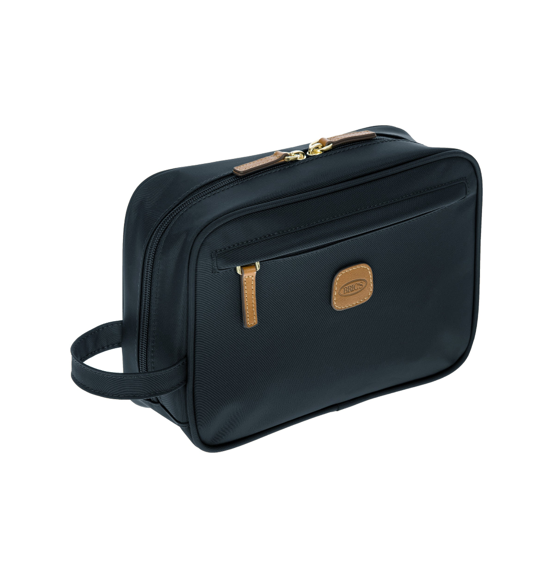 Necessaire Bric's Ulisse blu oceano con zip e dettagli in pelle marrone, vista frontale