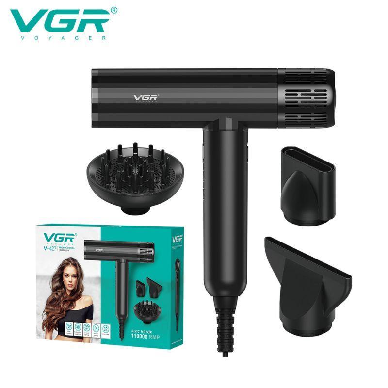 Asciugacapelli VGR V-427 nero con diffusore, concentratore e accessori